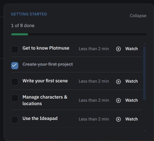 The Getting Started checklist card, with its progress bar and per-row Watch buttons