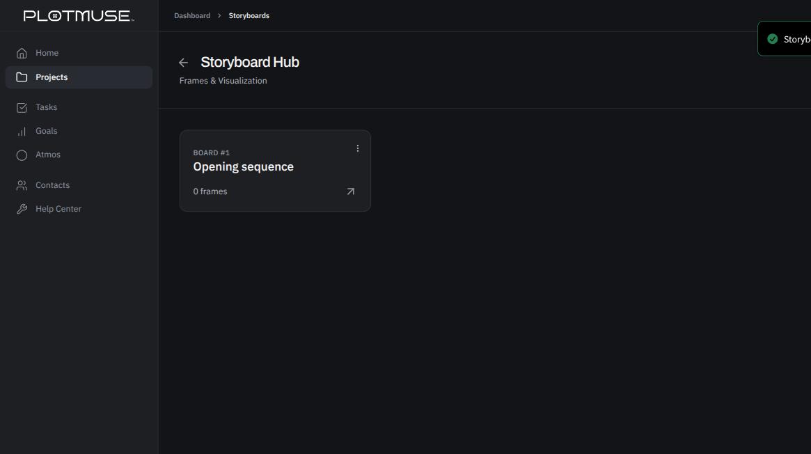 The Storyboard Hub, showing the "New Storyboard" button and any existing board cards with their frame counts.