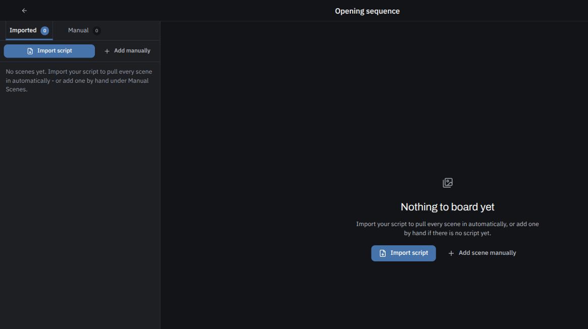 A new storyboard's empty state, showing the "Import script" and "Add scene manually" buttons.