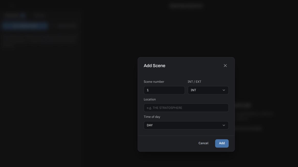 The "Add Scene" dialog with its scene number, INT/EXT, location, and time-of-day fields.