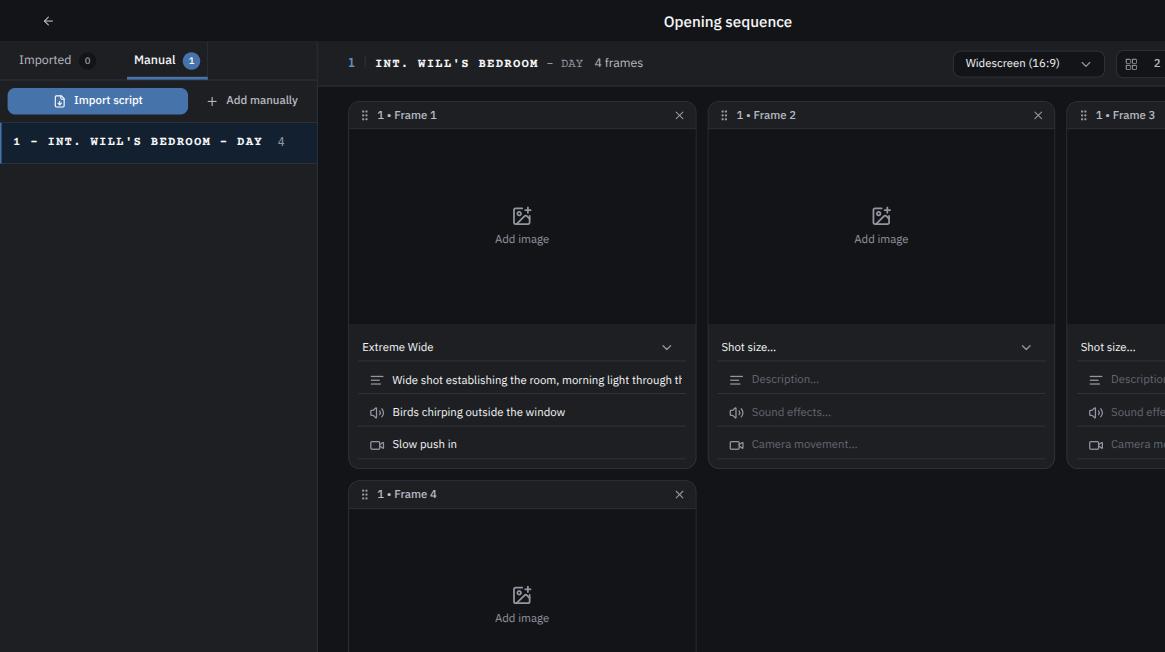 The storyboard toolbar, showing the aspect-ratio/column selectors and the Present/Export buttons.