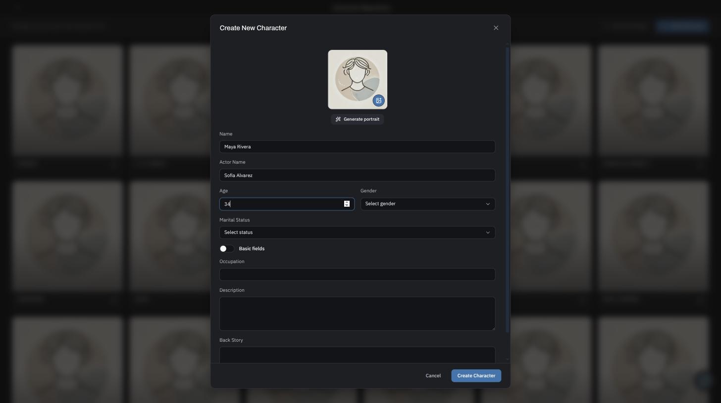 The "Create New Character" dialog, showing the portrait picker and the basic fields.