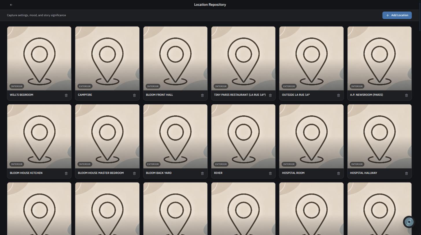 The Location Repository page, showing location cards with their Interior/Exterior/Int-Ext badges.