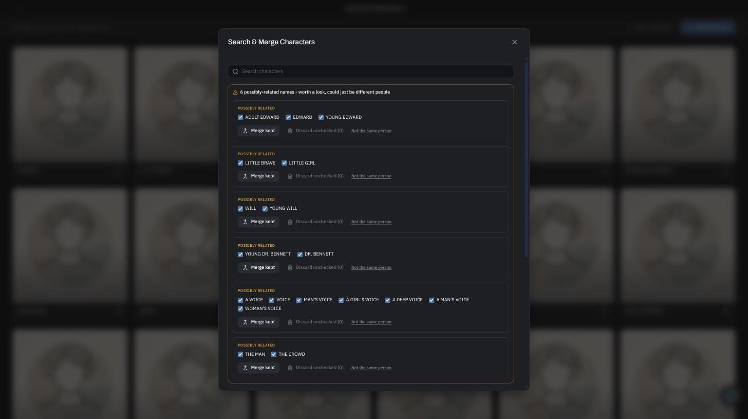 The "Search & Merge Characters" panel, showing flagged duplicates and a search field.