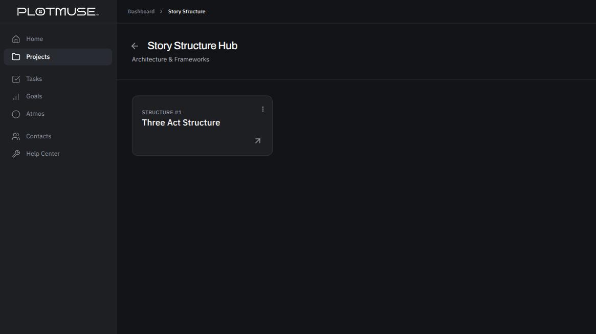 The Story Structure Hub, showing the "New Structure" button and any existing framework cards.